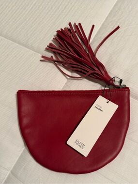 Eileen Fisher Red Italian Leather Tassel Zip Pouch - Women Bags NWT